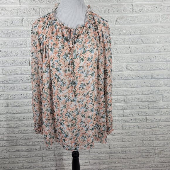 Suzanne Betro Tops - Suzanne Betro Womens Top 2X Plus Ruffle Neck Blue Floral Semi Sheer FLO233XE